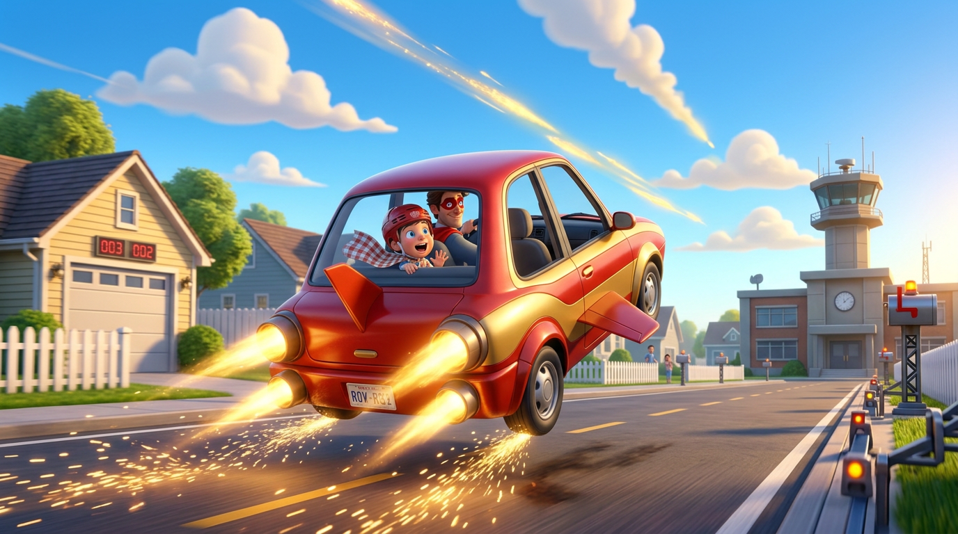 The Ambiguity Window — the family car has become a rocket on a suburban street rendered at the same visual fidelity as reality