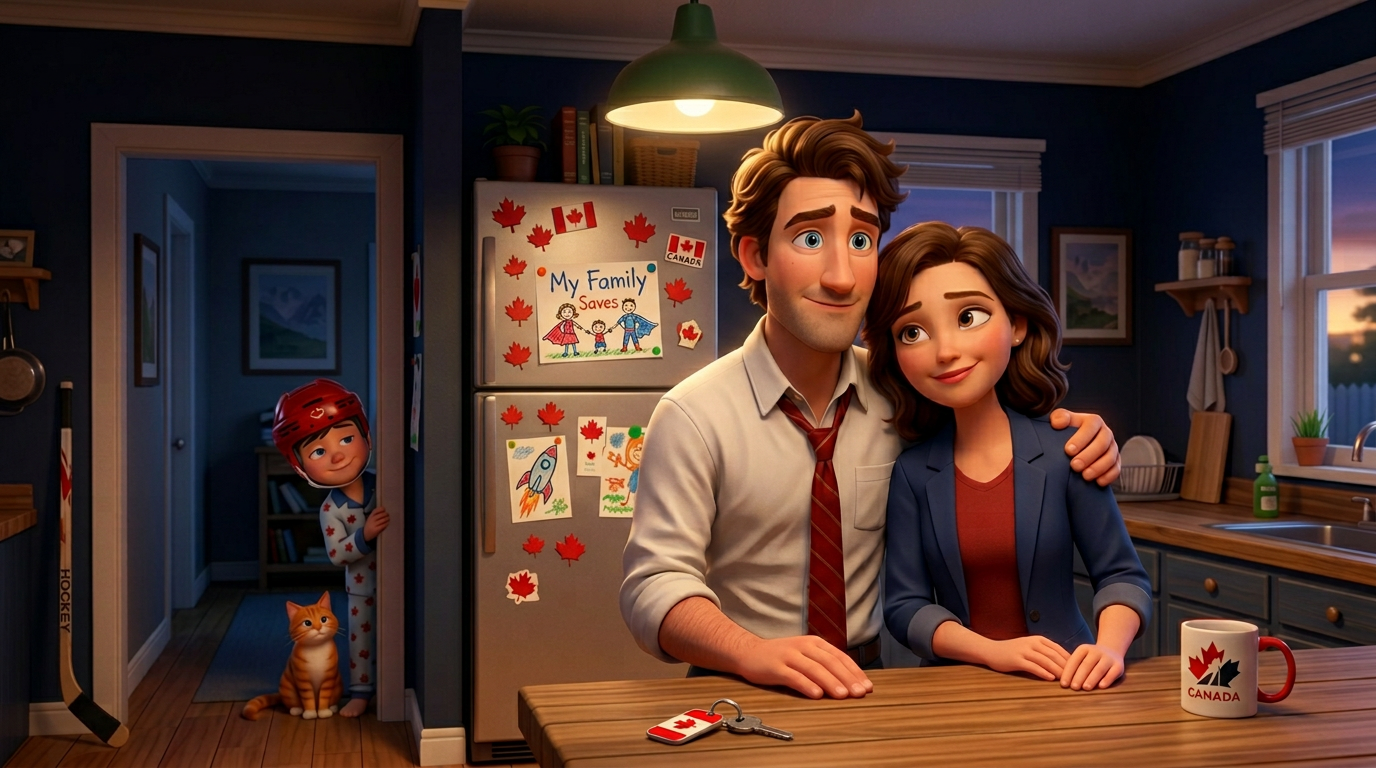 Rob and Claire in the kitchen — equal, present — Max watching from the doorway