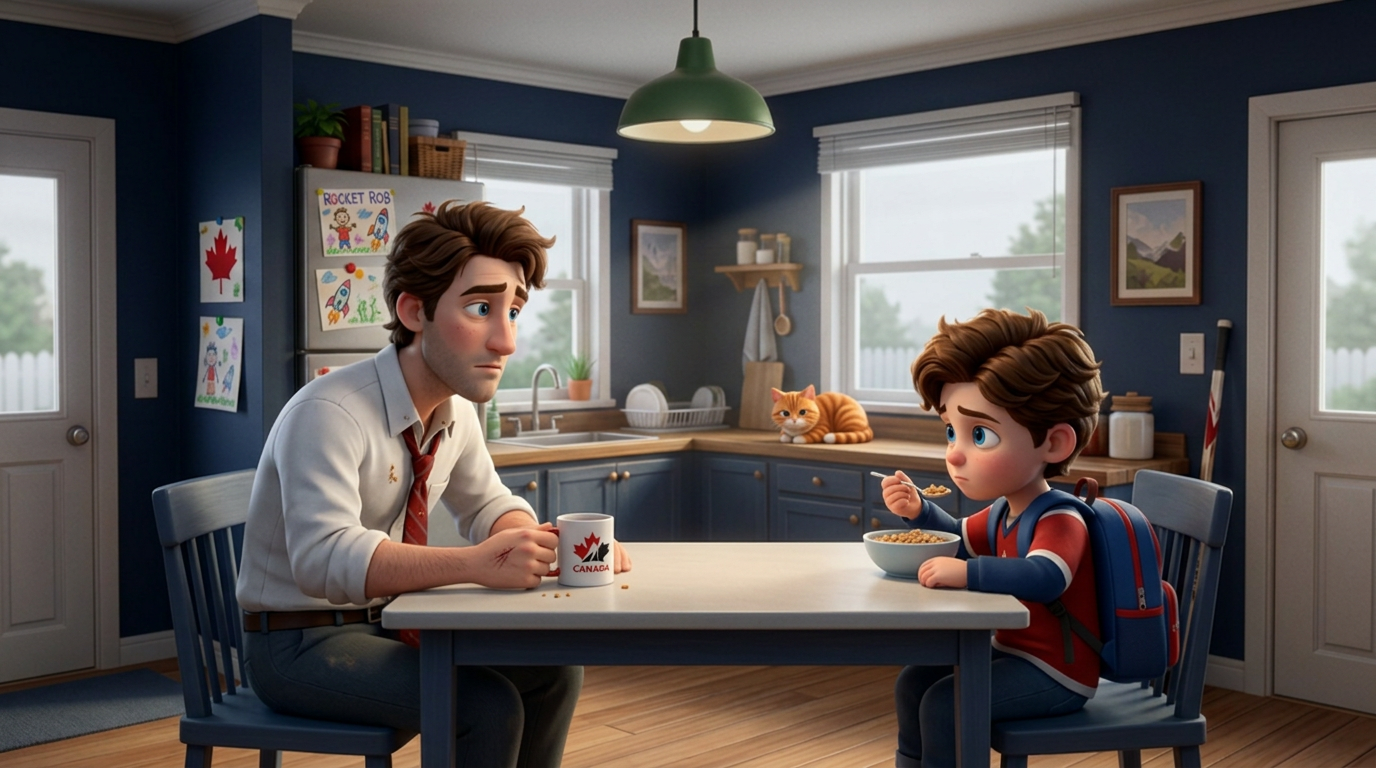 Rob and Max at the kitchen table in silence — the morning after