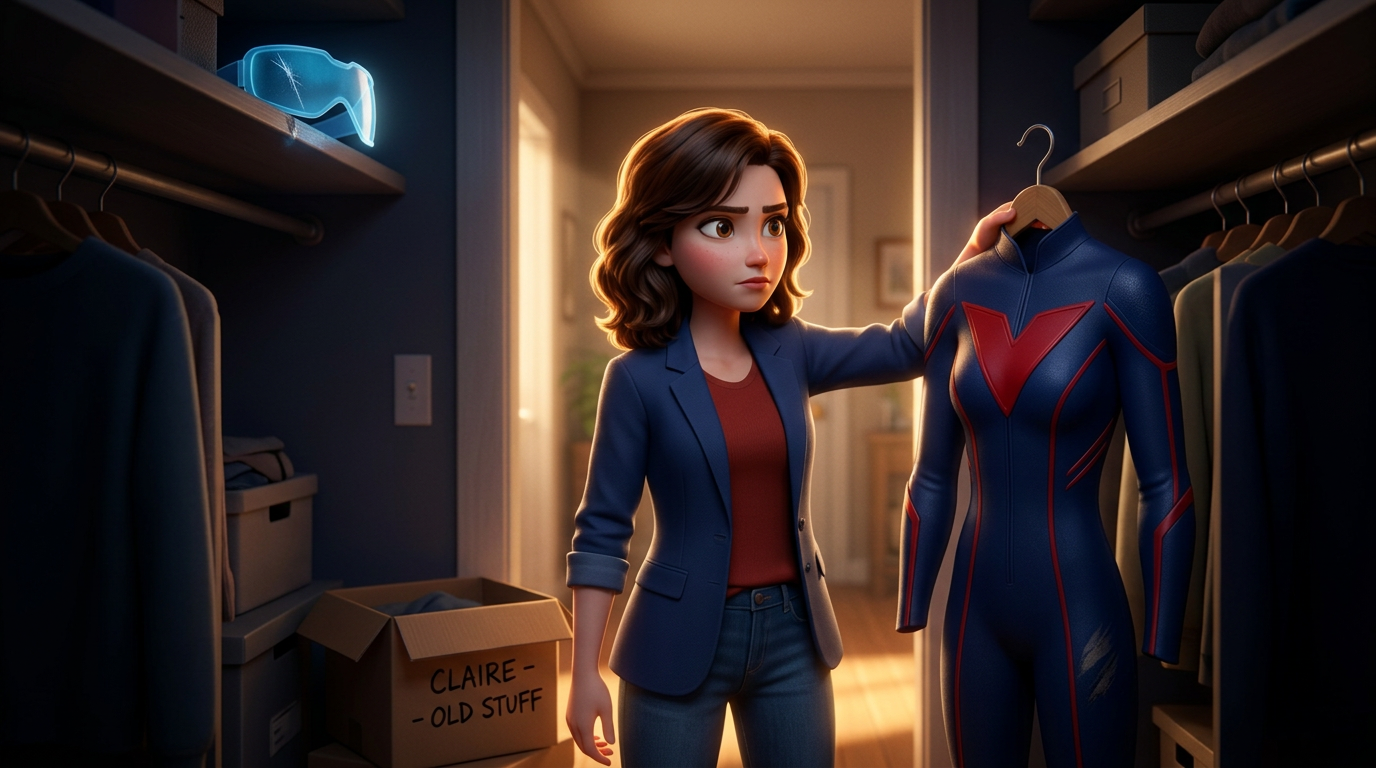 Claire reaches for the Vela suit — her choice