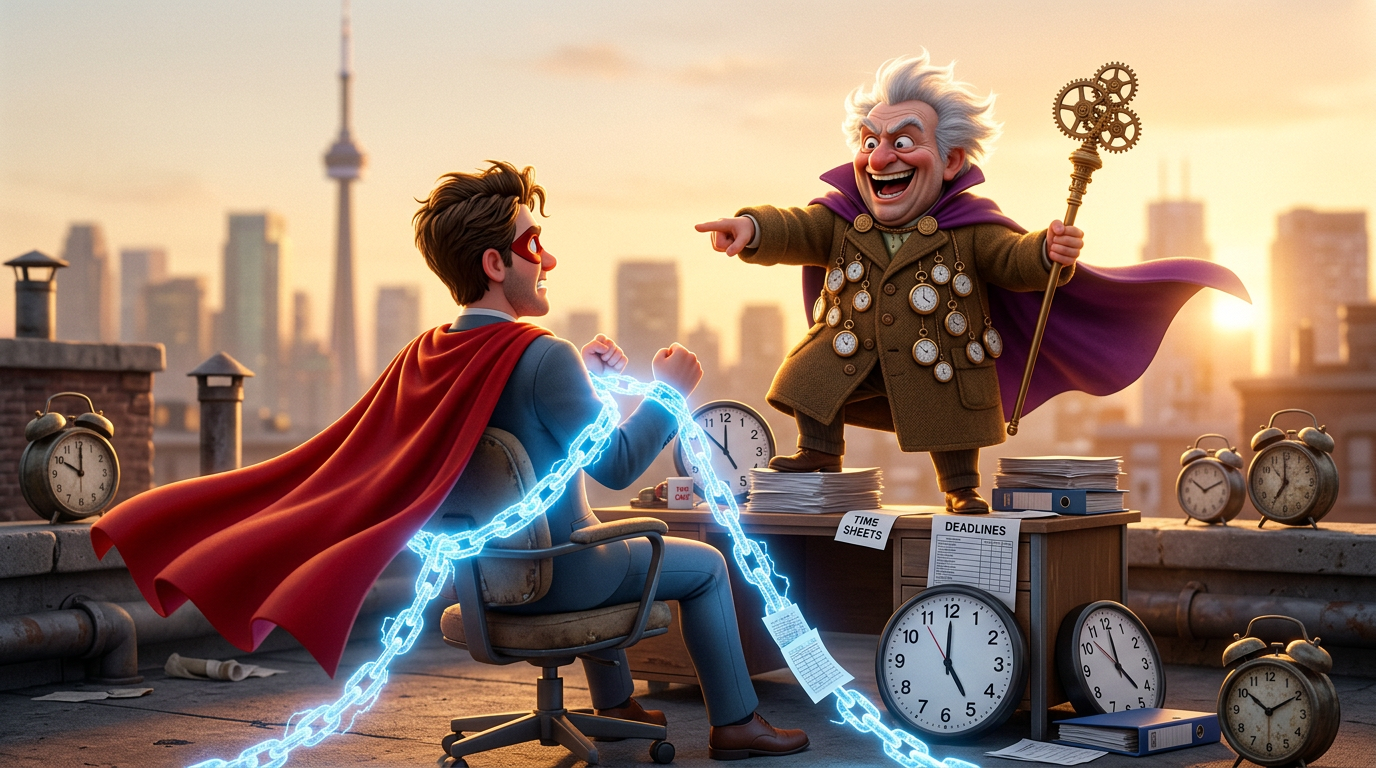 Max's imagination — Dr. Overtime has Rocket Rob chained to his desk with spreadsheets