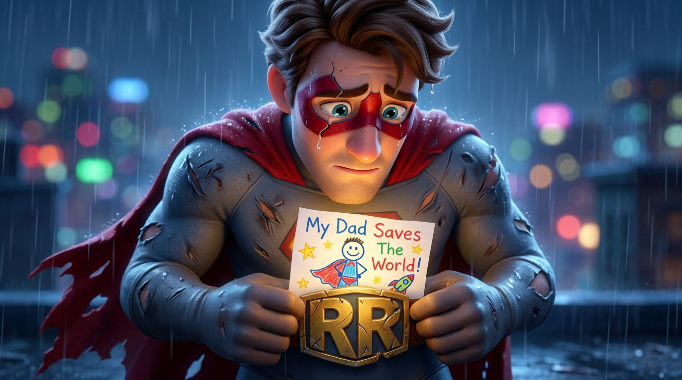 Rob holds Max's drawing — My Dad Saves The World