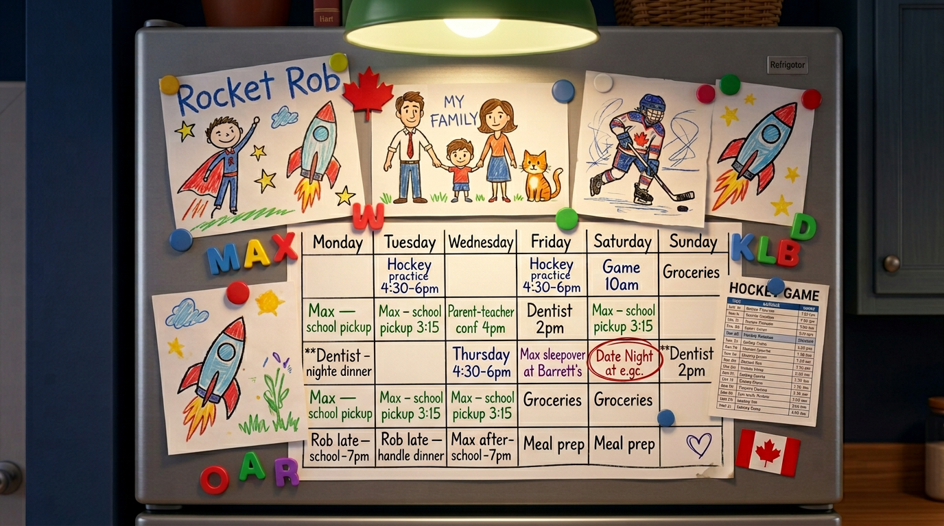 The Lavoie fridge — Max’s drawings above, Claire’s color-coded schedule beneath