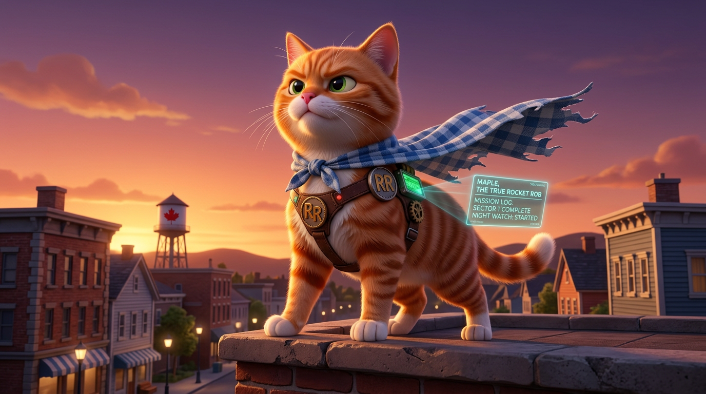 Maple on rooftop — hero pose with dish-rag cape