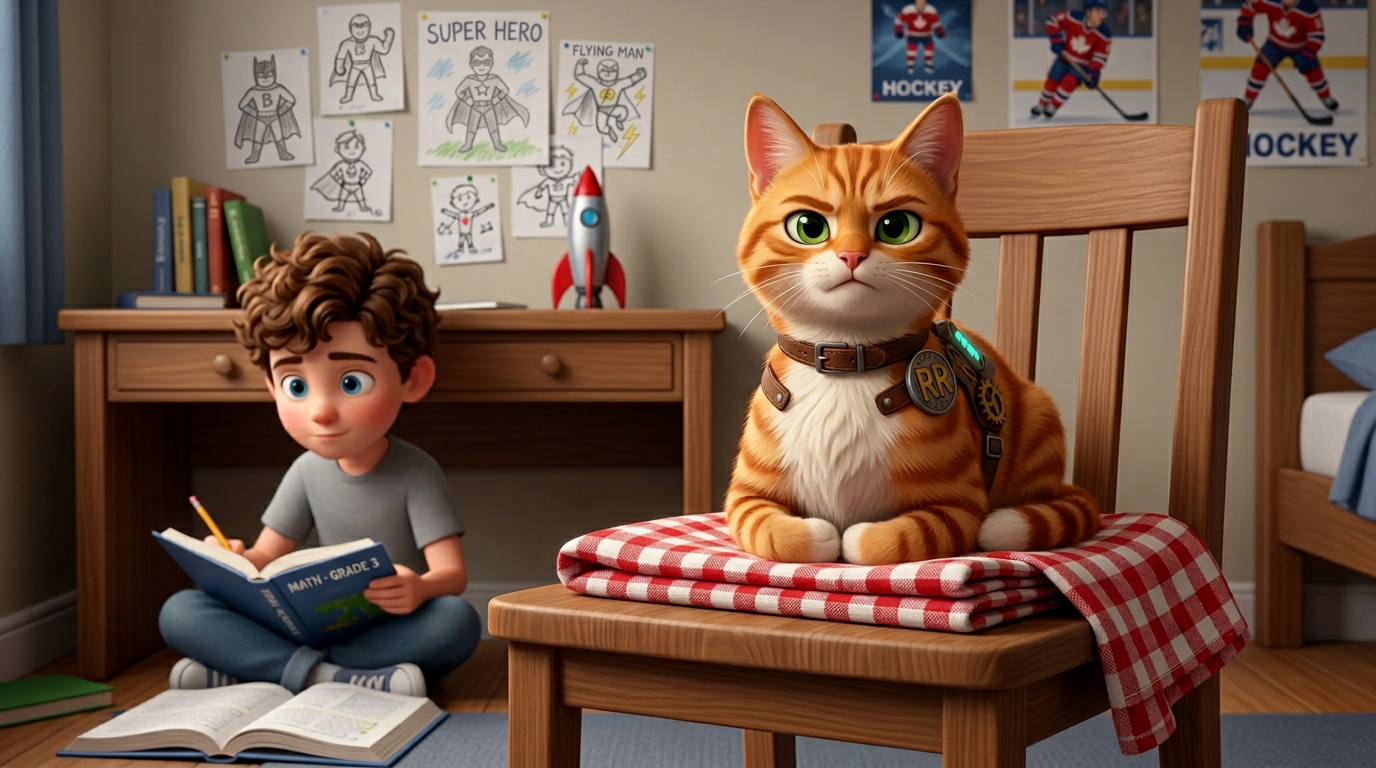 Maple sitting on Max's folded cape — same gag, different stakes