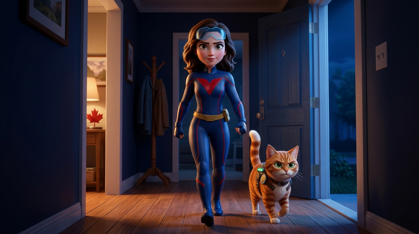 Claire as Vela heading out with Maple following