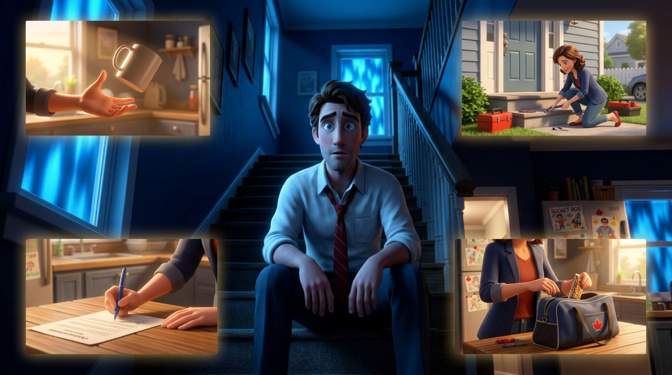 Rob on the stairs — memory flashes of Claire's invisible competence surrounding him