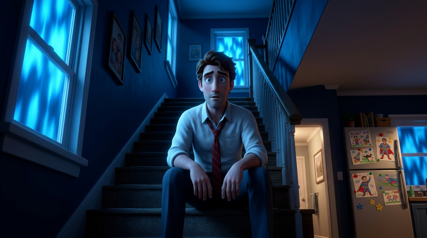 Rob sits alone on the stairs in the dark — processing the Vela reveal