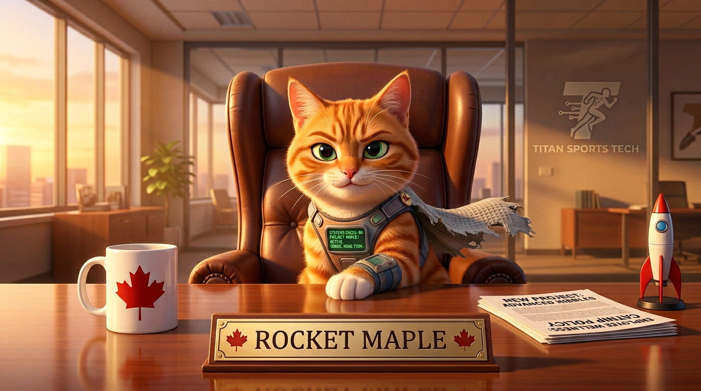 Rocket Maple at desk chair — post credits