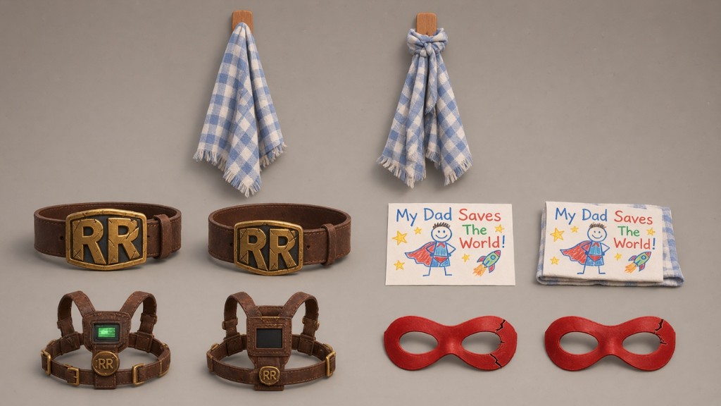 Rocket Rob's dish towel cape, belt buckle, harness, Max's drawing, and mask