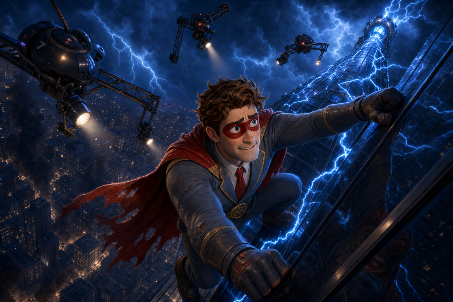 Rocket Rob climbs the Titan tower through arena-rig drones — no flying