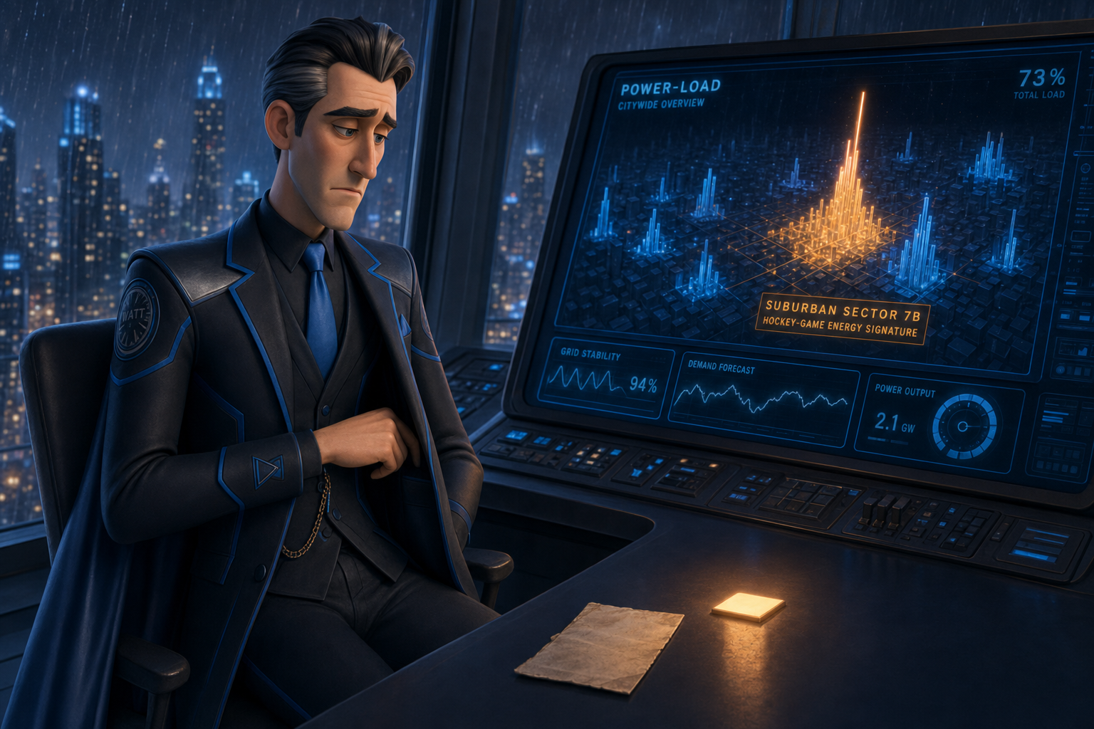 Victor Watt reads game night off the city's power-load graph — an amber spike and the creased card