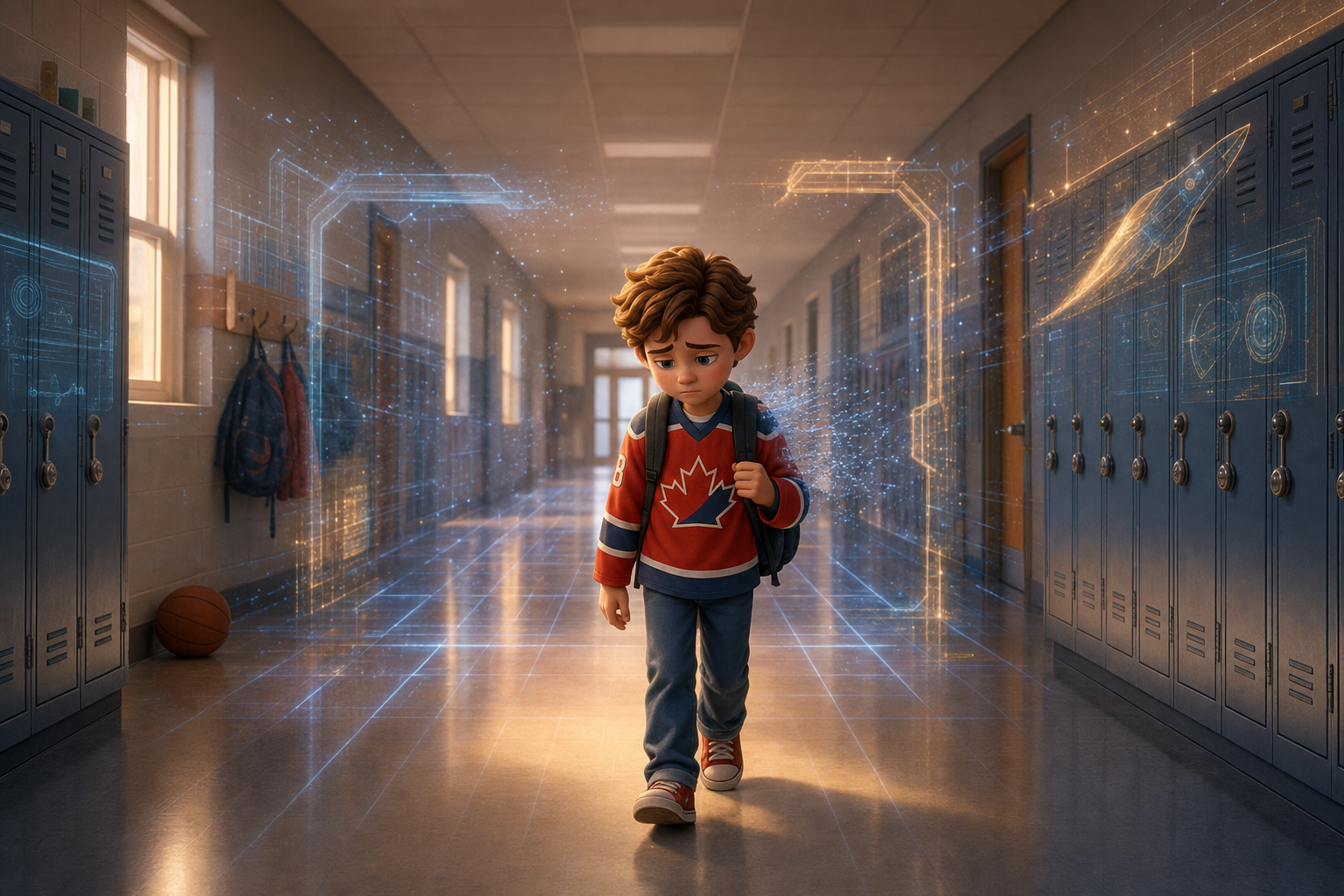 The Skeptic — Max walks through the half-rendered hallway overlay as it dissolves
