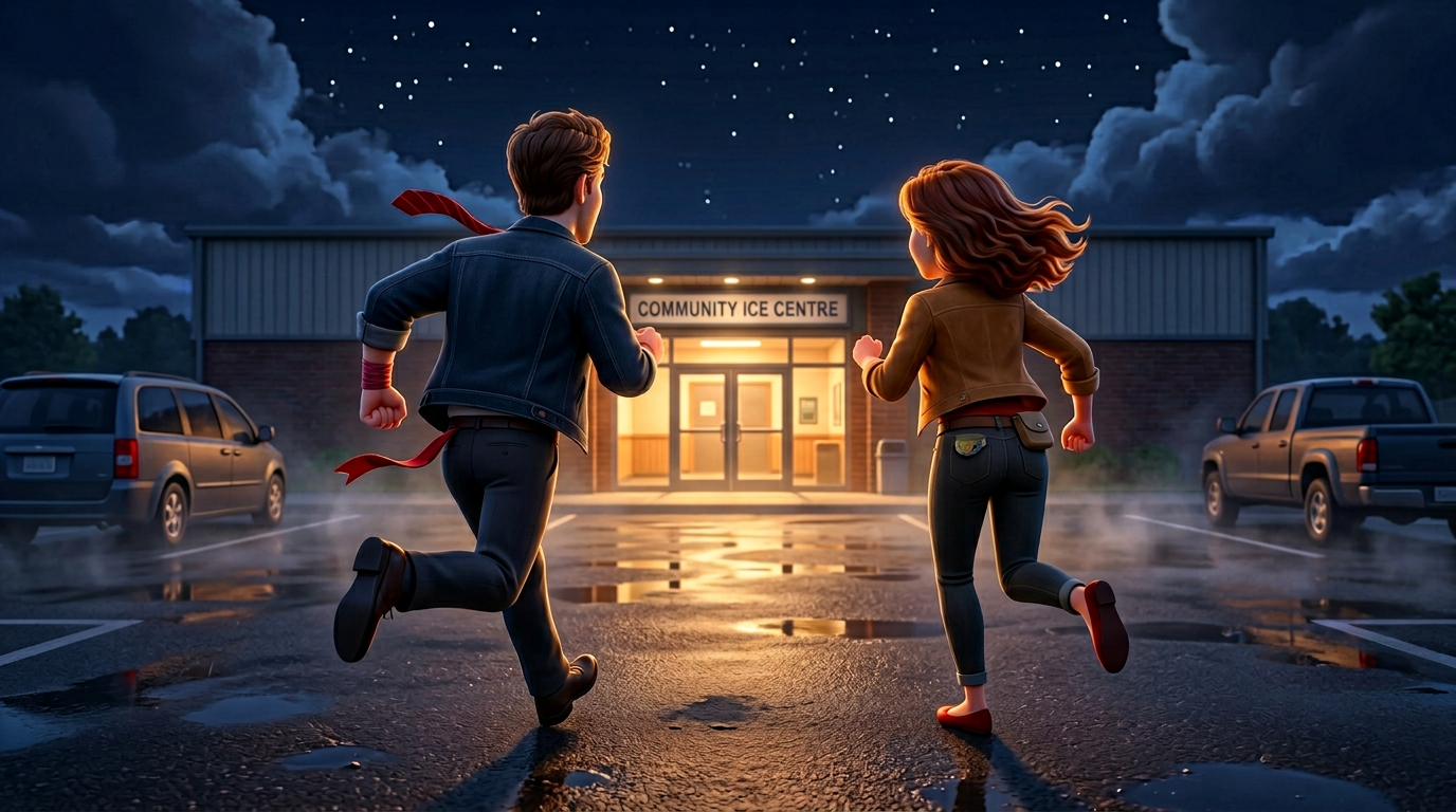 Rob and Claire sprinting across the community rink parking lot after the battle — jackets thrown over what's left of the hero gear, red tie flying, the cape a torn ribbon
