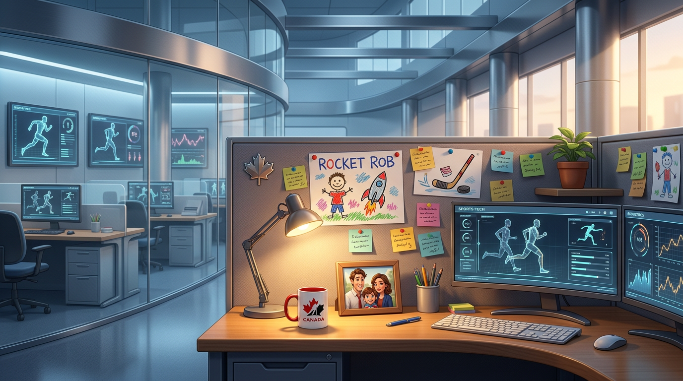 Rob's cubicle at Titan Sports Tech — warm corner in a cold tower