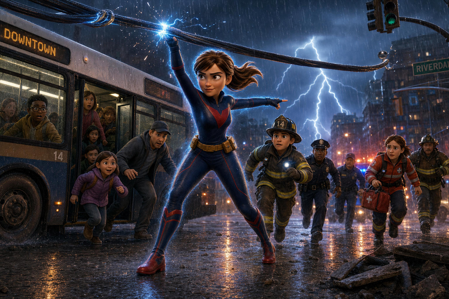 Vela leads the street evacuation — a bus, a live wire, responders falling in behind her