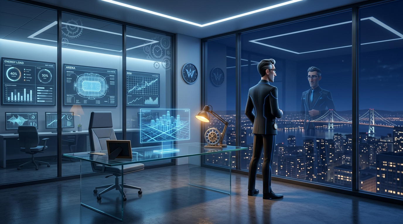 Victor Watt’s penthouse office at Titan Tower — glass desk, city grid hologram, the empire and the emptiness