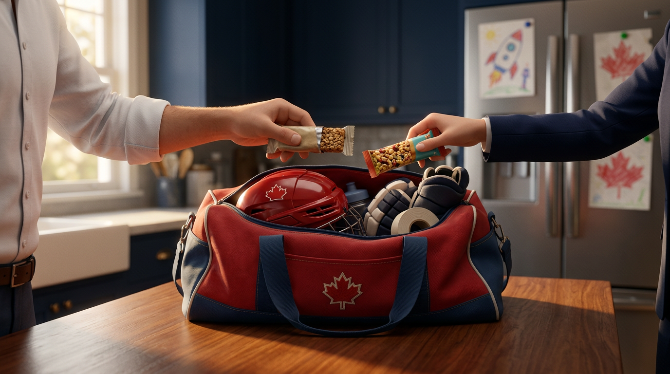 Claire’s hand swaps the old snack in Max’s hockey bag